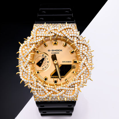 G-Shock GA2100 Gold Dial 7.50 CTW Diamond Thorn Bezel Iced Out Watch