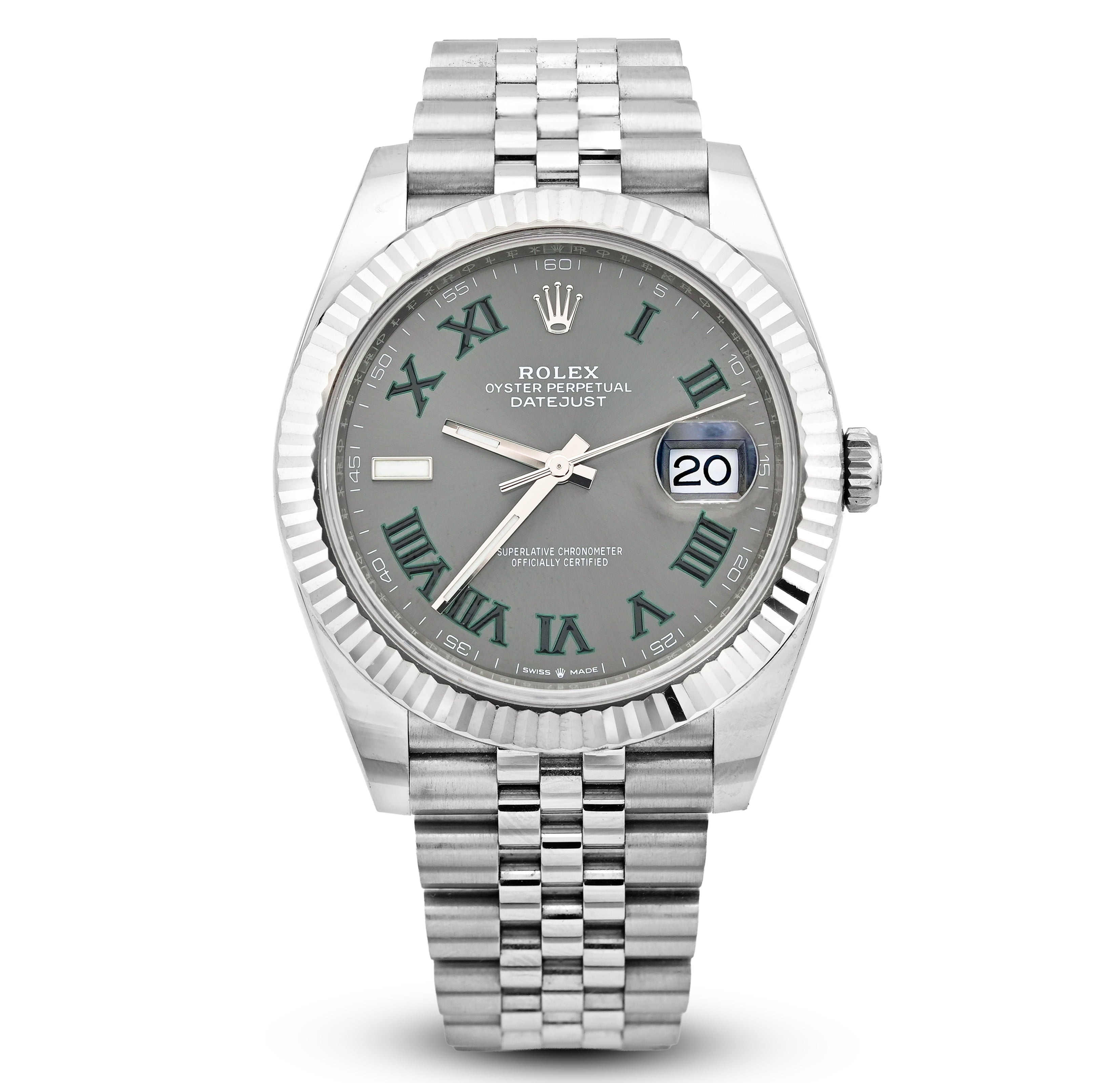 Silver watch with a gray dial featuring Roman numerals on a white background