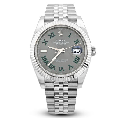 Silver watch with a gray dial featuring Roman numerals on a white background