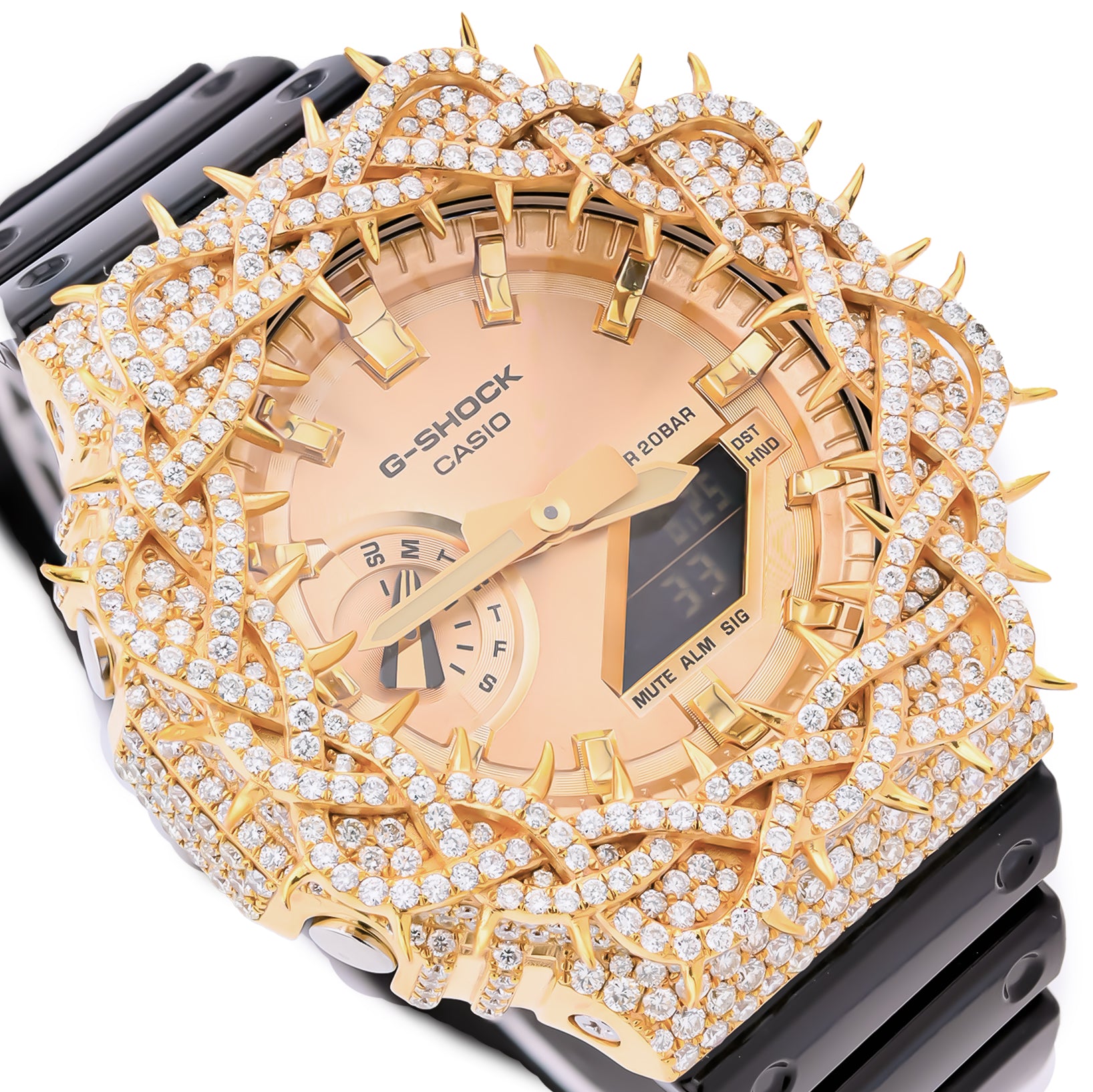 G-Shock GA2100 Gold Dial 7.50 CTW Diamond Thorn Bezel Iced Out Watch