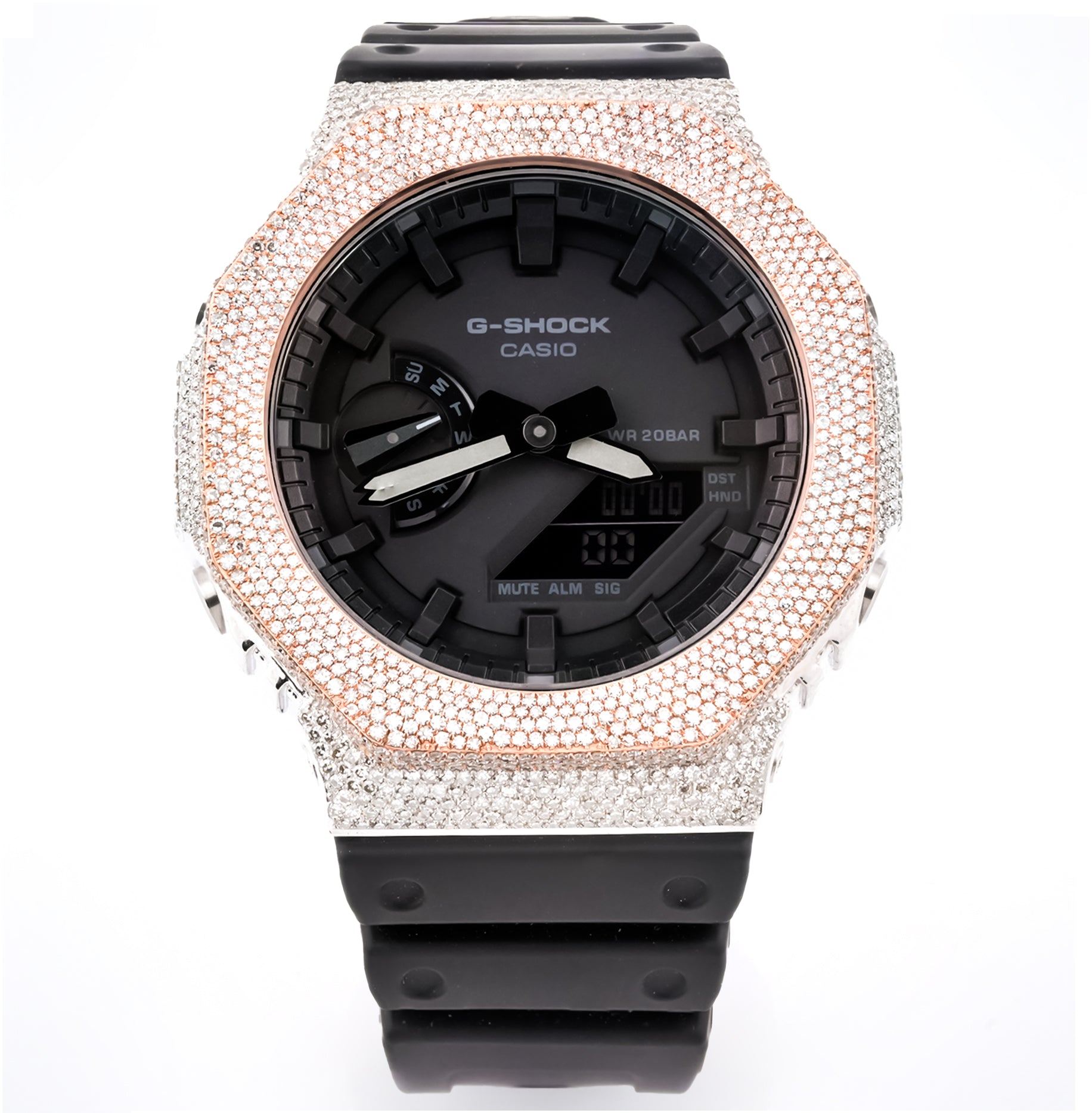 G-Shock GA2100 Iced-Out Black Dial Watch with White and Rose Gold 5.0 CTW Diamonds