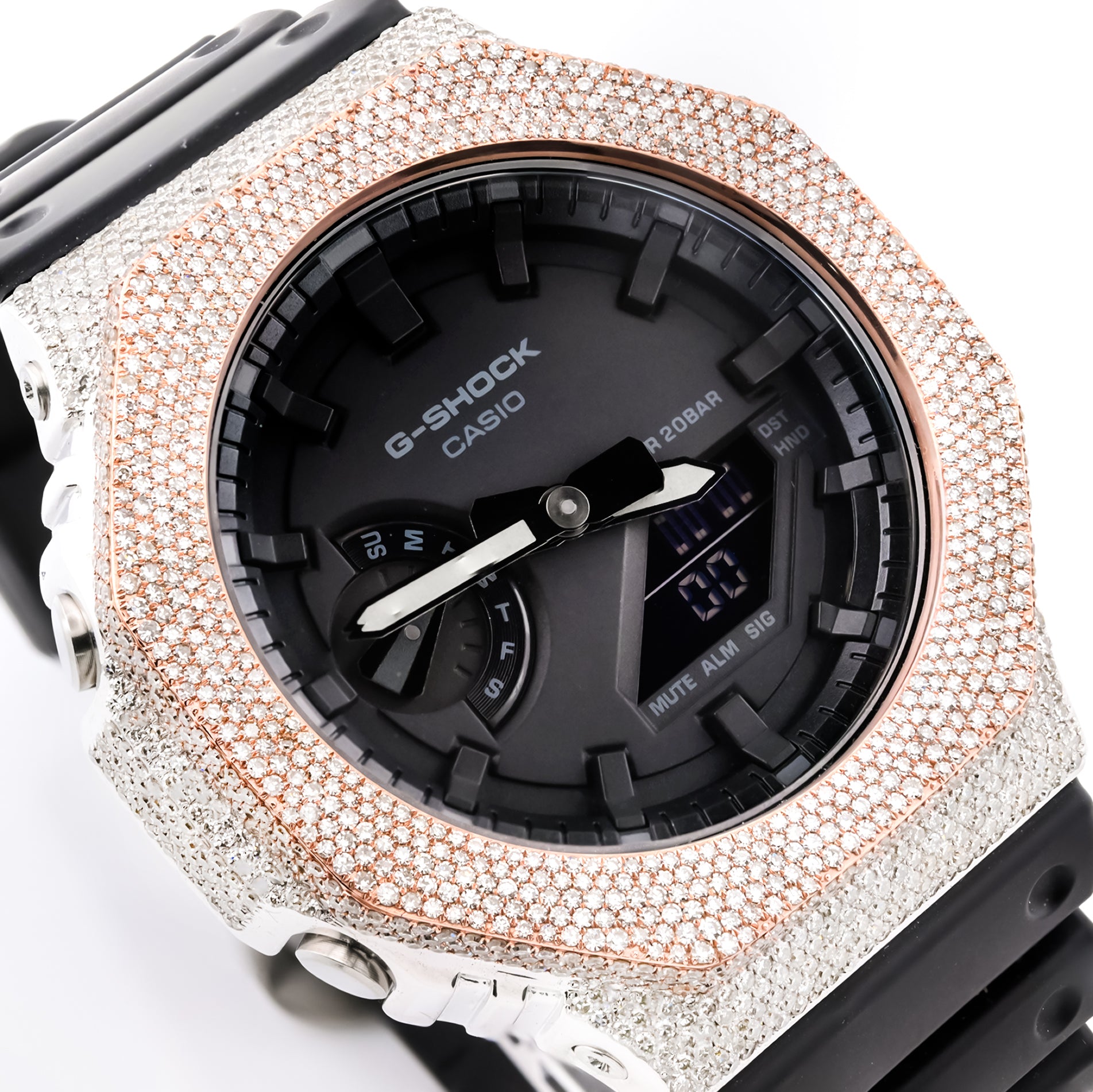 G-Shock GA2100 Iced-Out Black Dial Watch with White and Rose Gold 5.0 CTW Diamonds