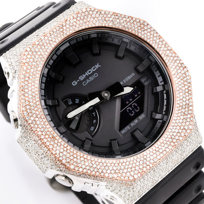 G-Shock GA2100 Iced-Out Black Dial Watch with White and Rose Gold 5.0 CTW Diamonds