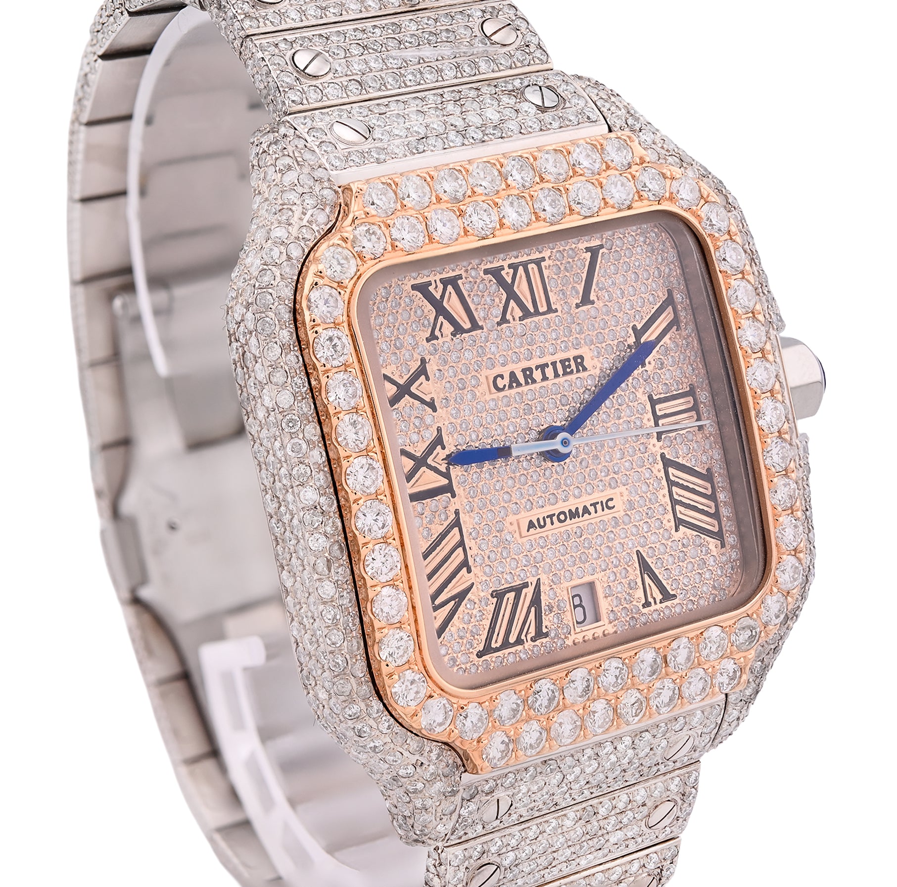 Cartier Santos 40MM 17CTW Natural Diamond Bussdown 2-Tone Rose Bezel Watch