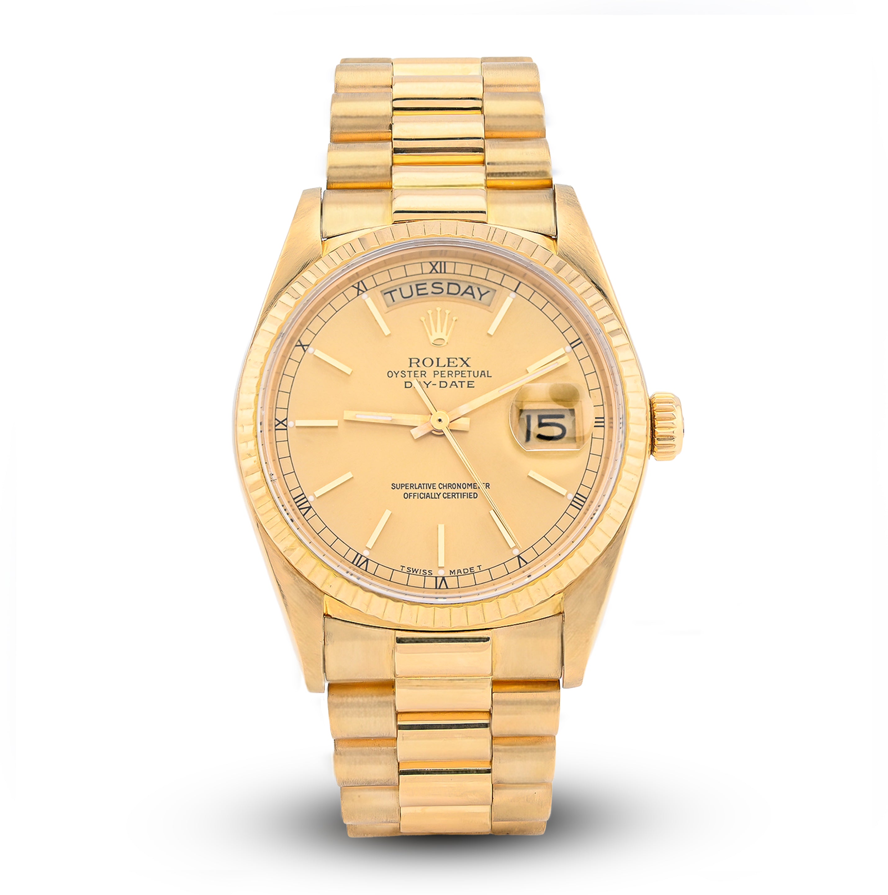 36MM Gold Rolex Day Date Presidential 18k Yellow Fluted Bezel Jubilee Band 128238