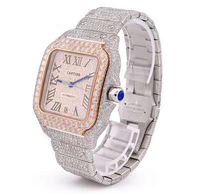 Cartier Santos 40MM 17CTW Natural Diamond Bussdown 2-Tone Rose Bezel Watch