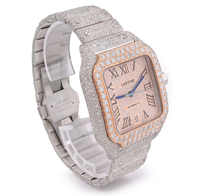 Cartier Santos 40MM 17CTW Natural Diamond Bussdown 2-Tone Rose Bezel Watch