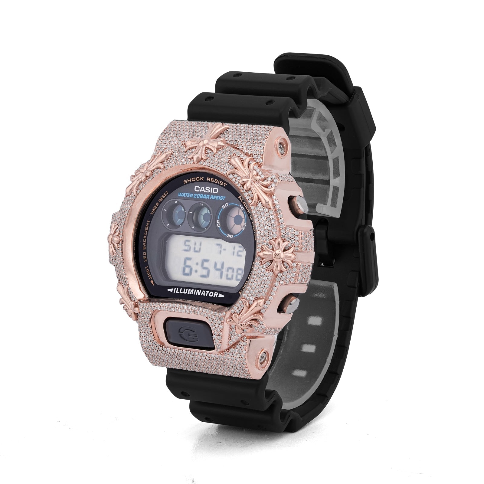 G-Shock DW-6900 3.5CT Natural Diamond Rose Chrome Heart Cross Watch - Elite Jewelers-Luxury Watch