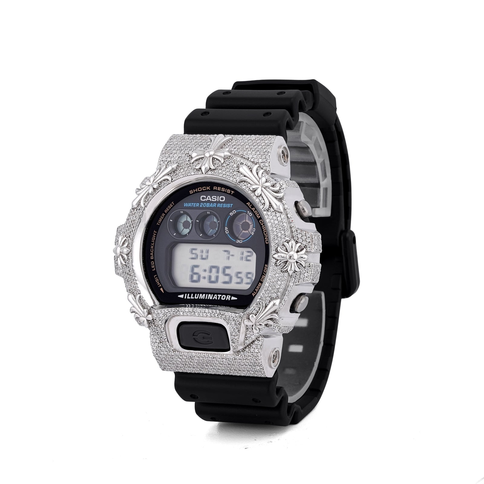 G-Shock DW-6900 3.5CT Natural Diamond White Chrome Heart Cross Watch - Elite Jewelers-Luxury Watch