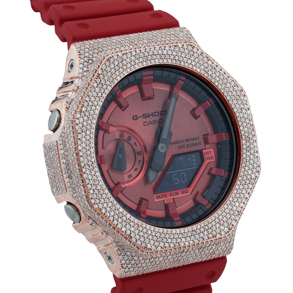 G-Shock GA2100 4.6CT Natural Diamond Rose Bezel All Red Watch - Elite Jewelers-Luxury Watch