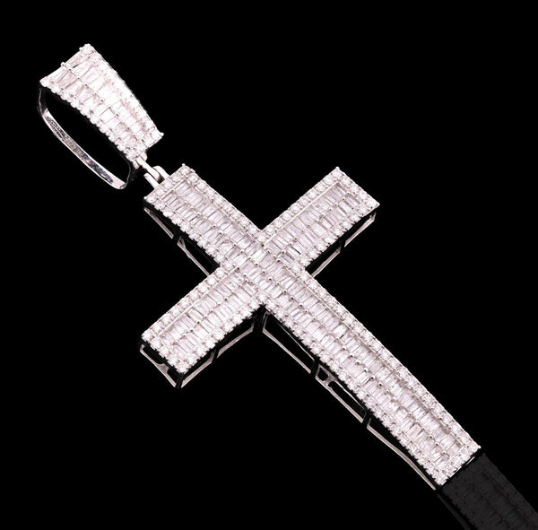 ICED 10k White Gold 11.6g 3.5CTW Real Round/Baguette Diamond Cross Pendant Charm - Elite Jewelers - Charms & Pendants