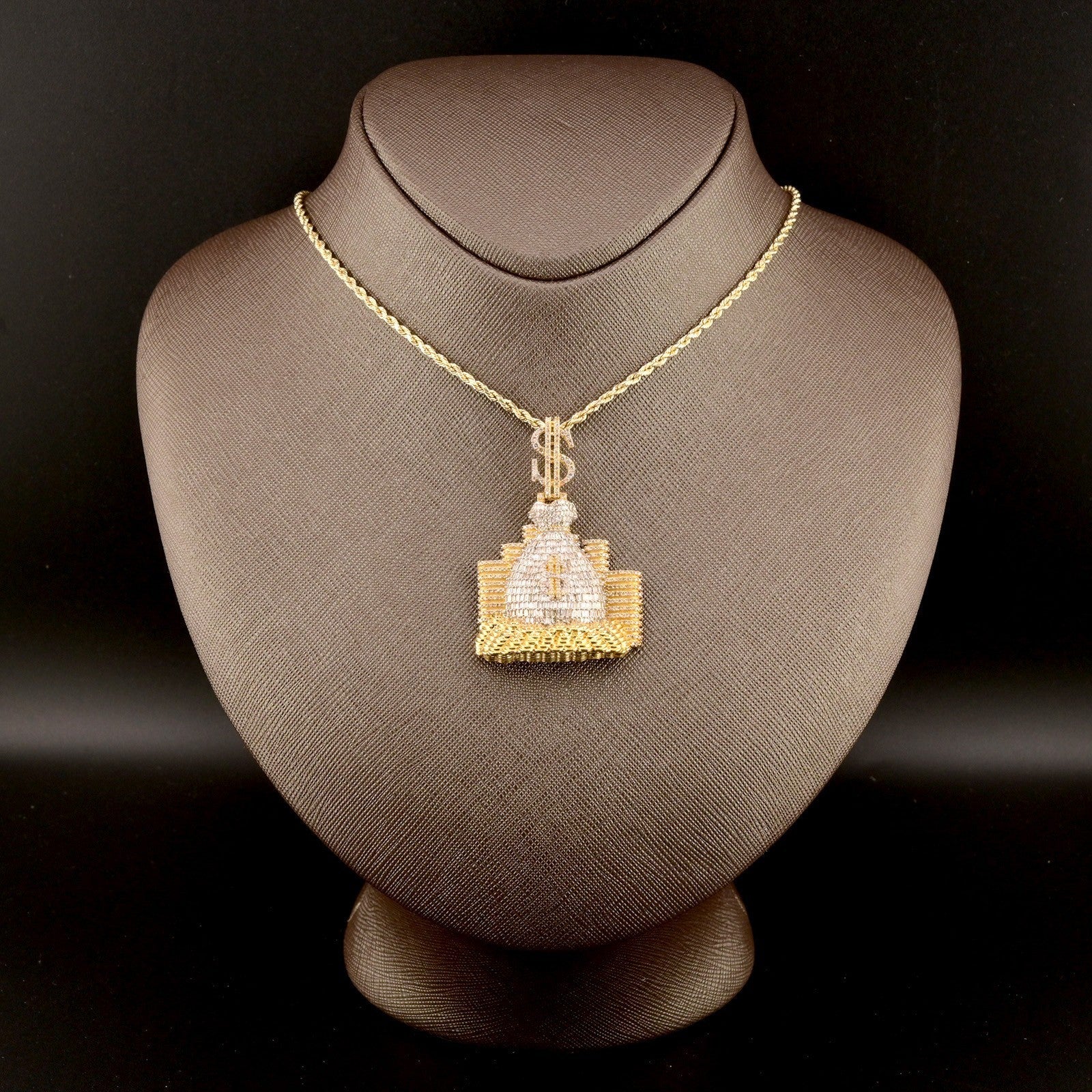 ICED 10k Yellow Gold 4.5CTW Round/Baguette Diamond Money Bag $ Pendant 20g Charm - Elite Jewelers - Charms & Pendants
