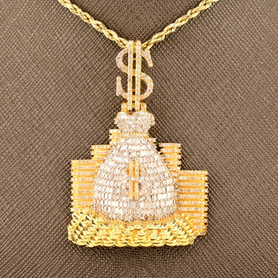 ICED 10k Yellow Gold 4.5CTW Round/Baguette Diamond Money Bag $ Pendant 20g Charm - Elite Jewelers - Charms & Pendants