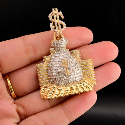 ICED 10k Yellow Gold 4.5CTW Round/Baguette Diamond Money Bag $ Pendant 20g Charm - Elite Jewelers - Charms & Pendants