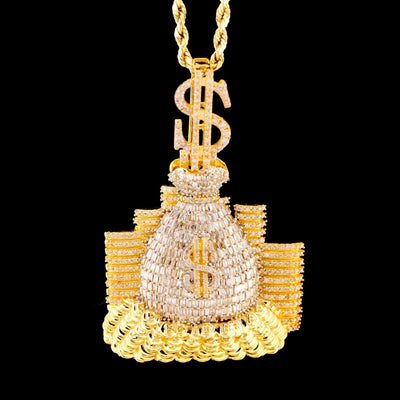 ICED 10k Yellow Gold 4.5CTW Round/Baguette Diamond Money Bag $ Pendant 20g Charm - Elite Jewelers - Charms & Pendants