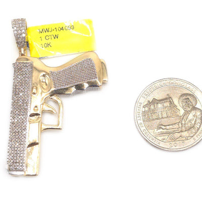 Mens 10k Yellow Gold 1CTW Natural Diamond ICED Hanging Gun Pendant 11.1gms Charm - Elite Jewelers - Charms & Pendants