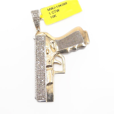 Mens 10k Yellow Gold 1CTW Natural Diamond ICED Hanging Gun Pendant 11.1gms Charm - Elite Jewelers - Charms & Pendants
