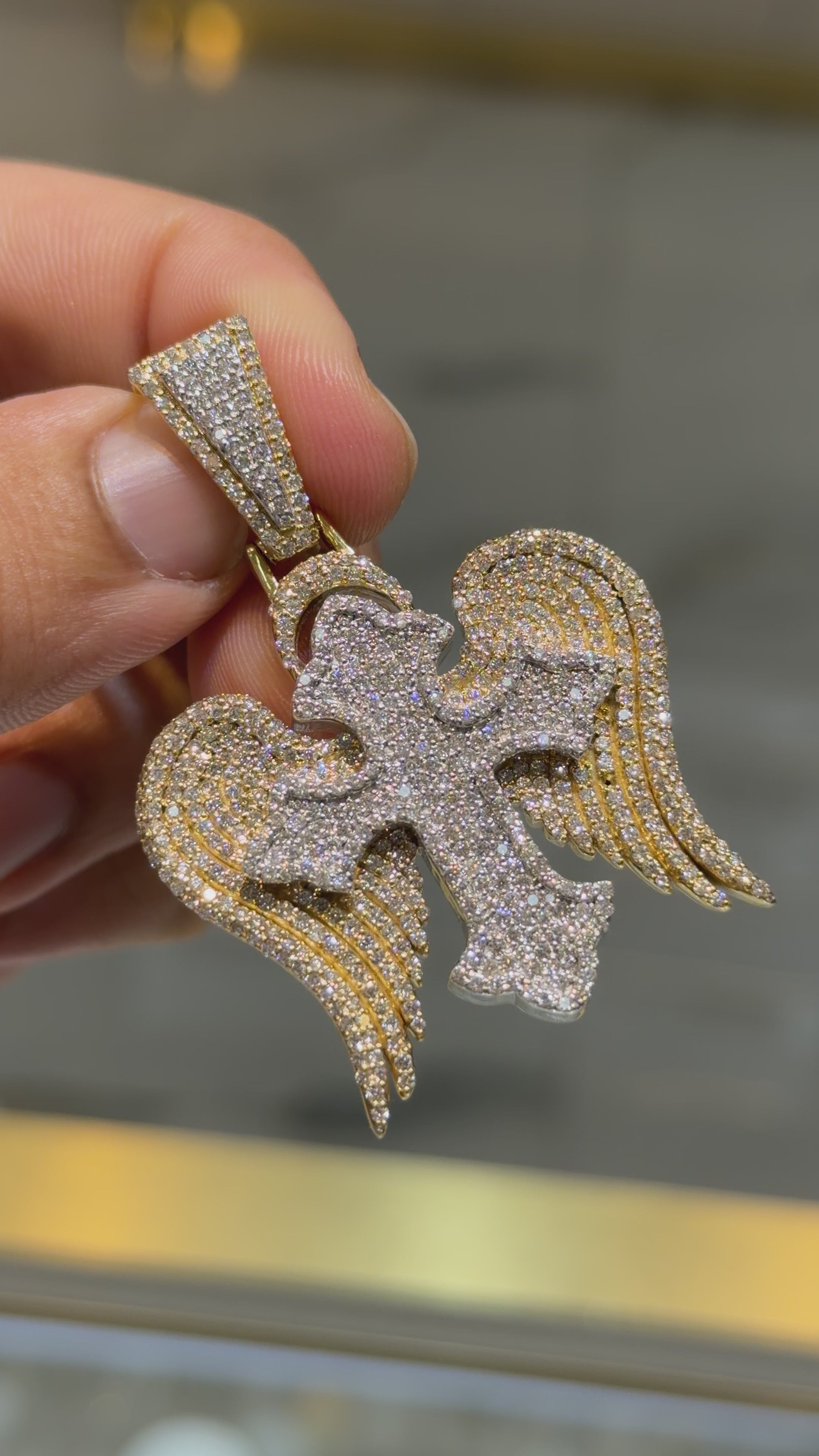 Load video: 10k Two Tone Gold 4.3CTW Natural Diamond 3D Angel Wings Cross Pendant 21g Charm