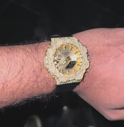G-Shock GA2100 Gold Dial 7.50 CTW Diamond Thorn Bezel Iced Out Watch