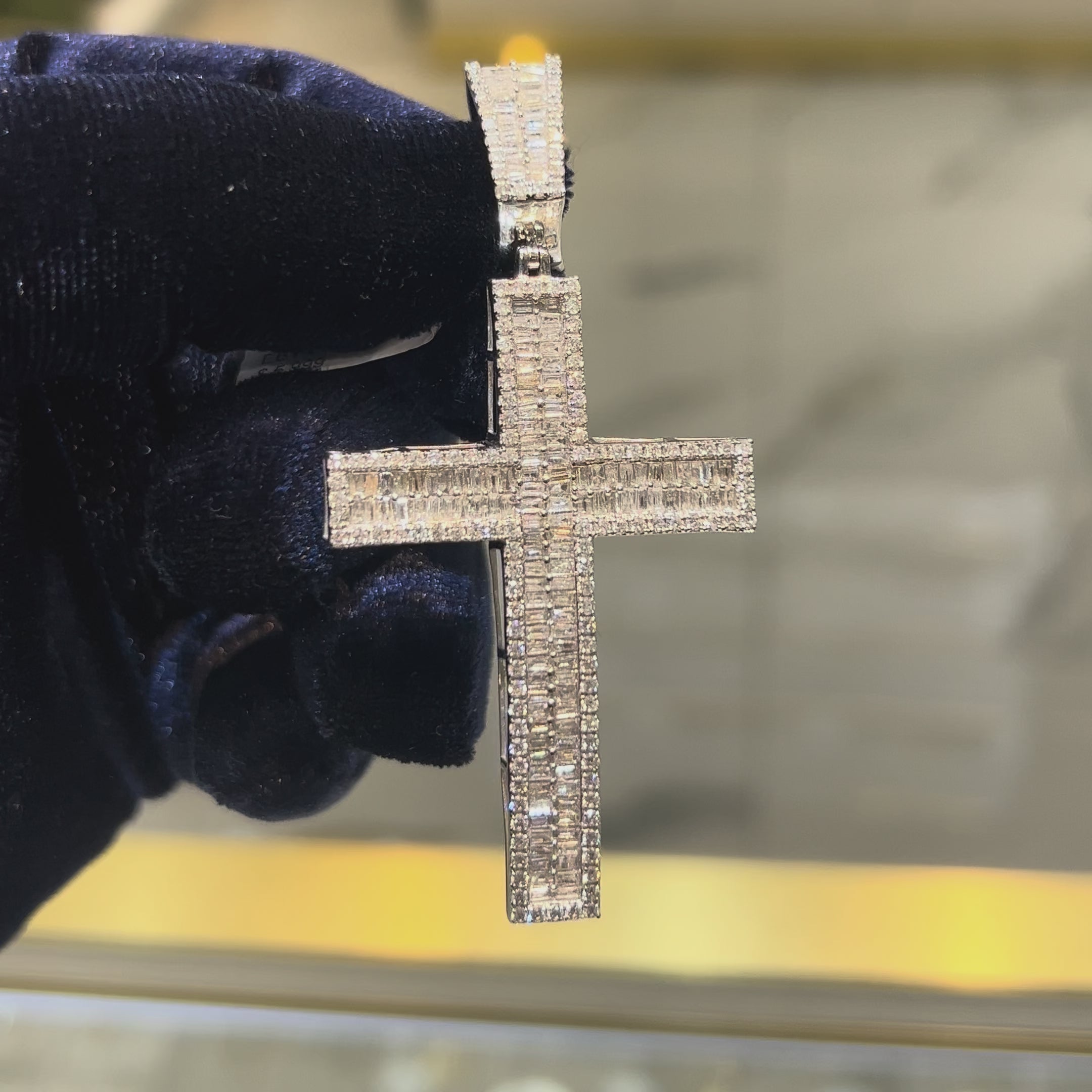 Load video: ICED 10k White Gold 11.6g 3.5CTW Real Round/Baguette Diamond Cross Pendant Charm