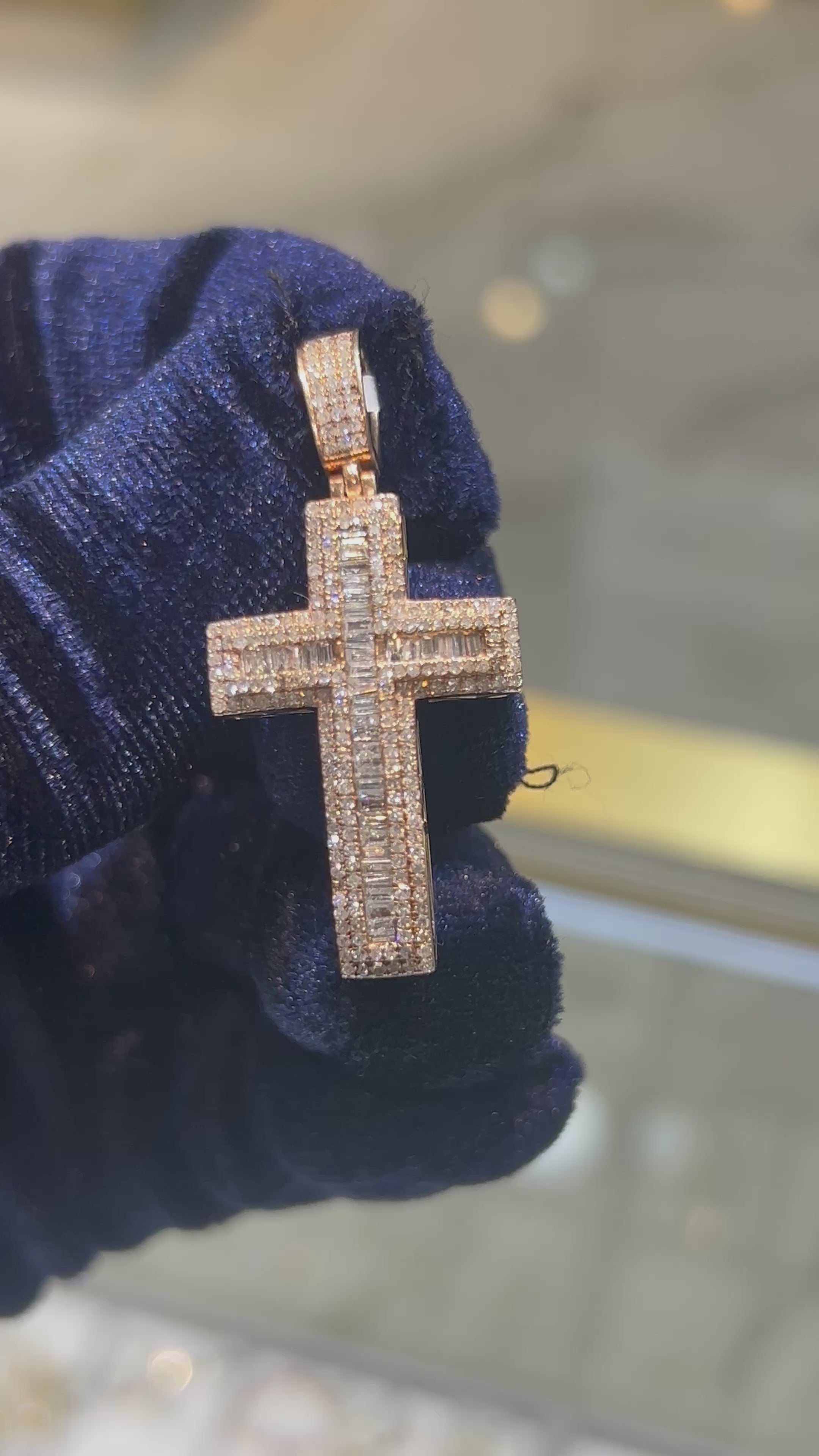 Load video: 10k Rose Gold 2CTW Natural Round/Baguette Diamond ICED Cross Pendant 5.9g Charm