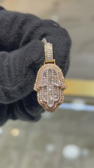 10k Tri-Color Gold 7.2gm 1.05 CTW Real Round/Baguette Diamond Hamsa Hand Pendant