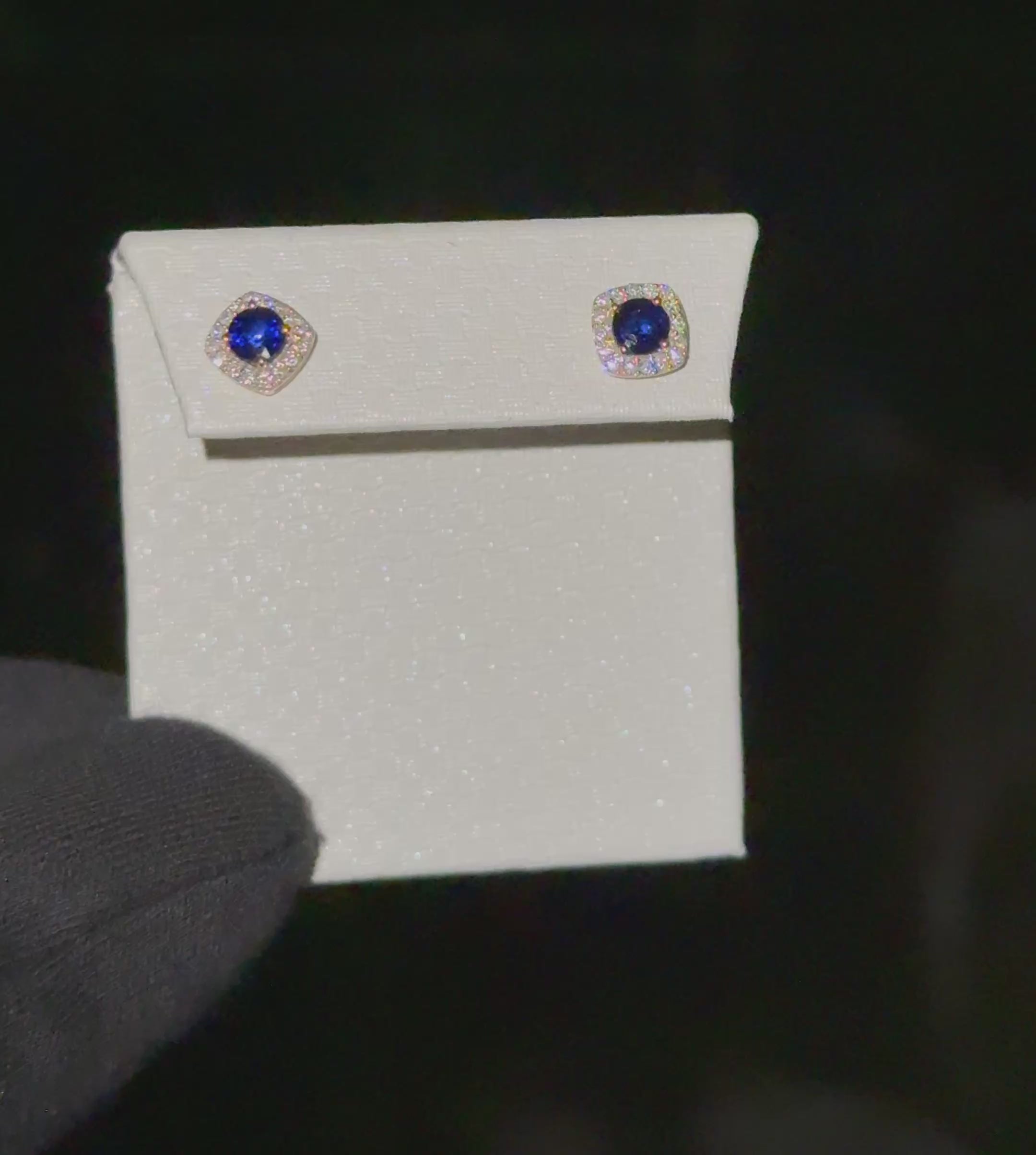 14k Yellow Gold Blue Sapphire and Diamond Halo Stud Earrings