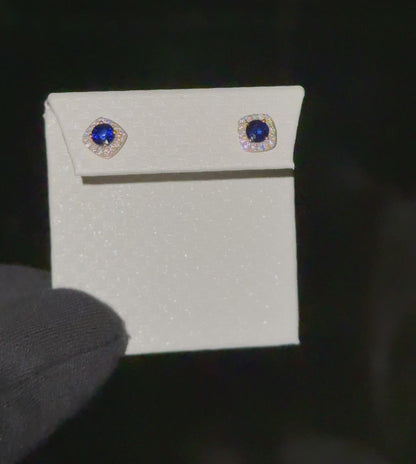 14k Yellow Gold Blue Sapphire and Diamond Halo Stud Earrings