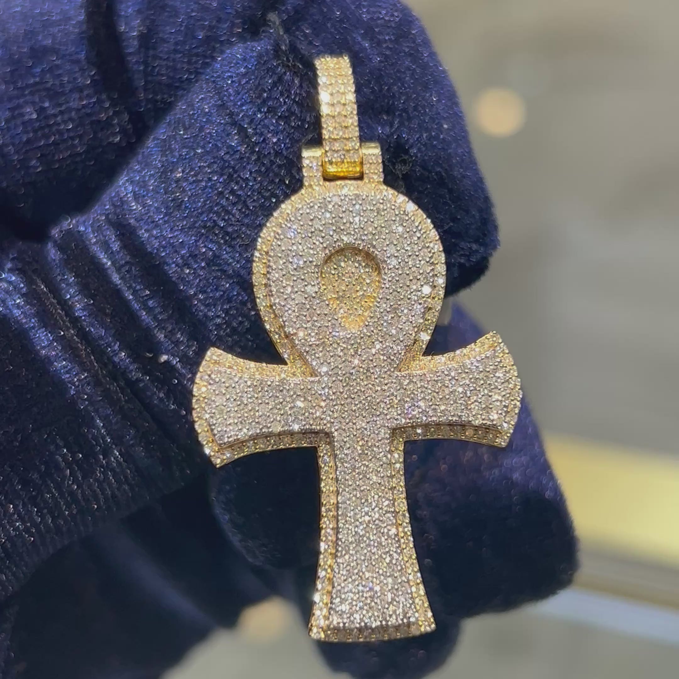 Load video: 10K Yellow Gold 1.86 CT Natural Diamond 1.95" Egyptian Ankh Pendant Men Women Charm 7.9 g