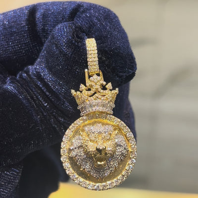 10k Yellow Gold 12g 3.75CTW Real Round/Baguette Diamond Lion Crown Pendant Charm
