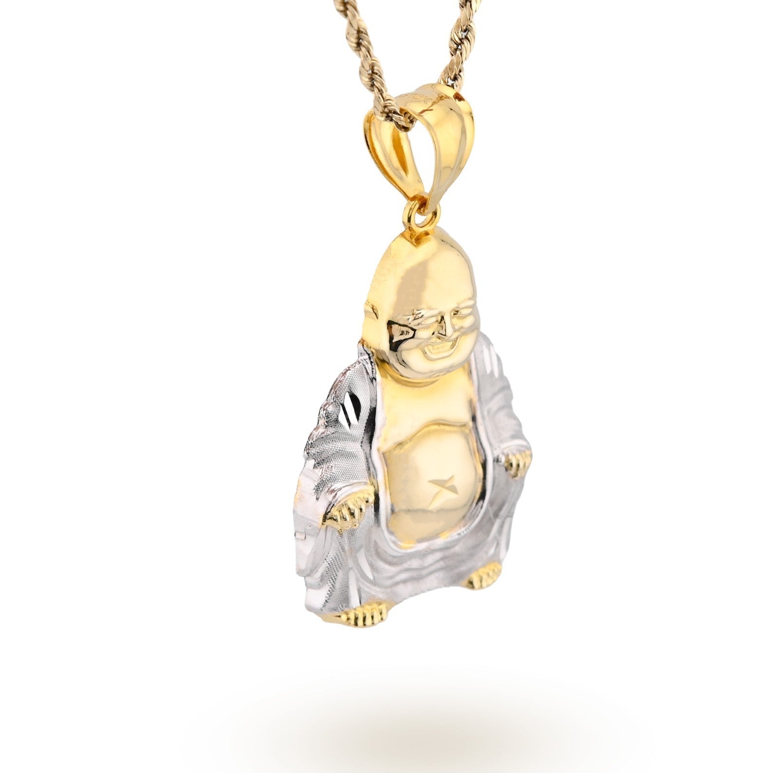 Real 10k Yellow & White Gold 5.5 gms Happy Laughing Buddha Pendant Charm For Men - Elite Jewelers - Charms & Pendants