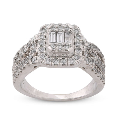 Rectangular Shape Baguette Centre Halo Natural Diamond 0.875CT Women Ring 14K White Gold - Elite Jewelers-Rings