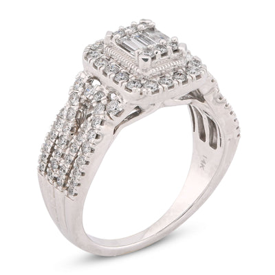 Rectangular Shape Baguette Centre Halo Natural Diamond 0.875CT Women Ring 14K White Gold - Elite Jewelers-Rings