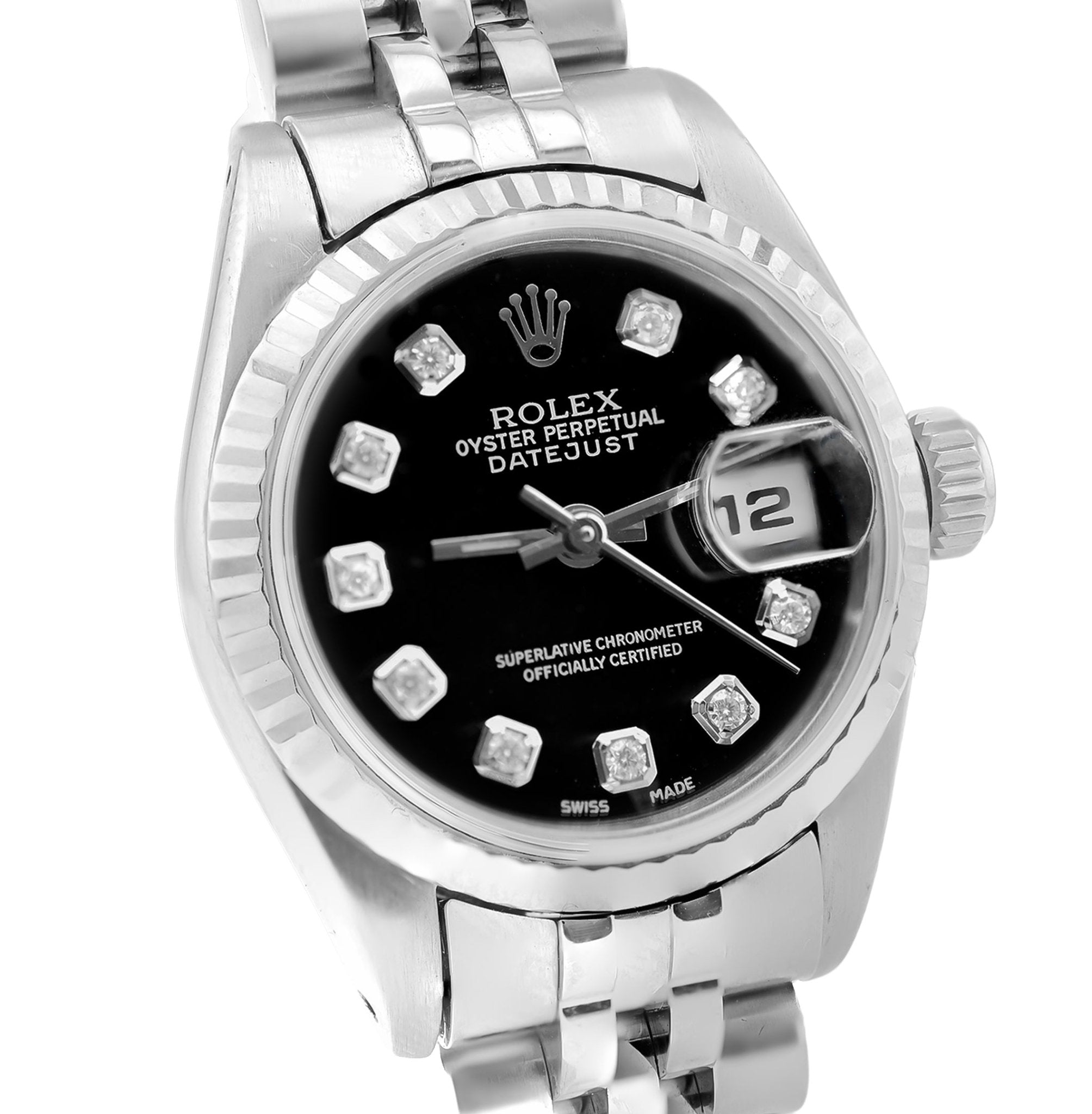 Rolex 26MM Datejust Fluted Bezel Stainless Steel Black Face Natural Diamond Dial - Elite Jewelers - Luxury Watch