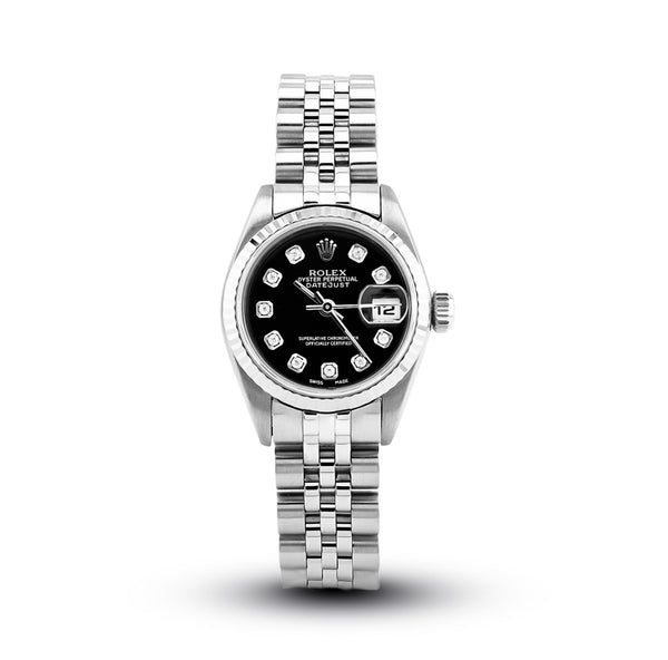 Rolex 26MM Datejust Fluted Bezel Stainless Steel Black Face Natural Diamond Dial - Elite Jewelers - Luxury Watch