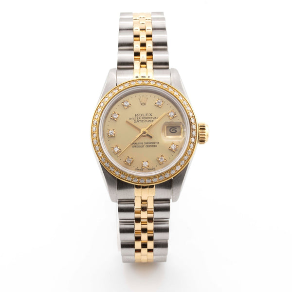 Rolex 26mm Datejust TwoTone Yellow Gold Jubliee Band Single Row Diamond Bezel Champagne Diamond Dial - Elite Jewelers - Luxury Watch