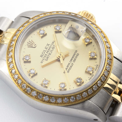 Rolex 26mm Datejust TwoTone Yellow Gold Jubliee Band Single Row Diamond Bezel Champagne Diamond Dial - Elite Jewelers - Luxury Watch
