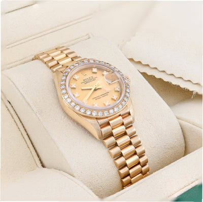Rolex 26MM Presidential 18K Gold Diamond Bezel/Dial Champagne Face Women Watch 69178 - Elite Jewelers - Luxury Watch