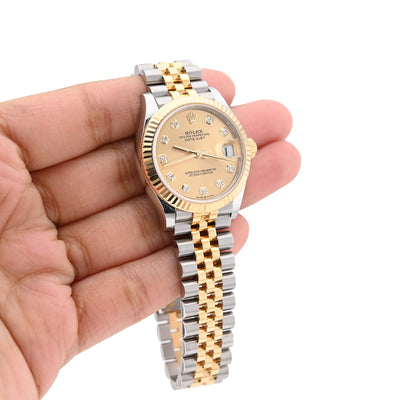 Rolex 31MM 18K Yellow Gold Diamond Dial Fluted Bezel Champagne Face Jubilee Band Full SET 2025 - Elite Jewelers - Luxury Watch