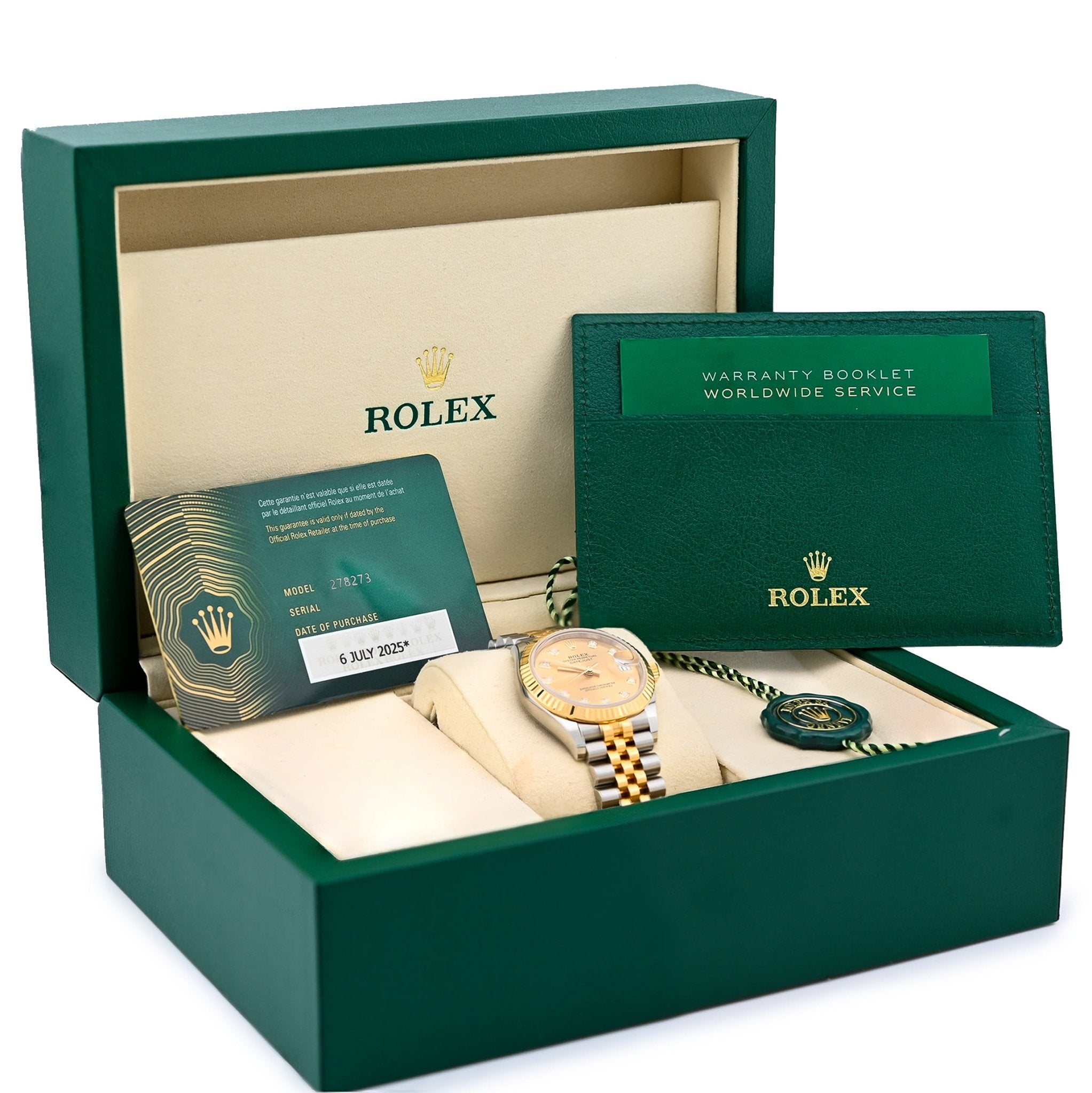 Rolex 31MM 18K Yellow Gold Diamond Dial Fluted Bezel Champagne Face Jubilee Band Full SET 2025 - Elite Jewelers - Luxury Watch