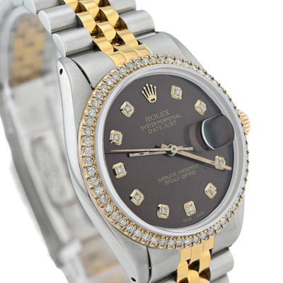 Rolex 36MM Datejust 1.5CT Natural Diamond Dial/Bezel Burgundy 2 Tone Jubilee Men Women Watch 16013 - Elite Jewelers - Luxury Watch