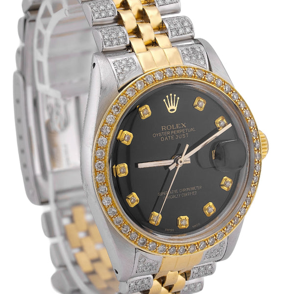 Rolex 36MM Datejust 7CT Natural Diamond Bussdown Black Dial Jubilee Band 2 Tone Yellow Watch - Elite Jewelers-Luxury Watch