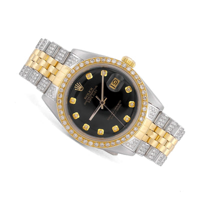 Rolex 36MM Datejust 7CT Natural Diamond Bussdown Black Dial Jubilee Band 2 Tone Yellow Watch - Elite Jewelers-Luxury Watch