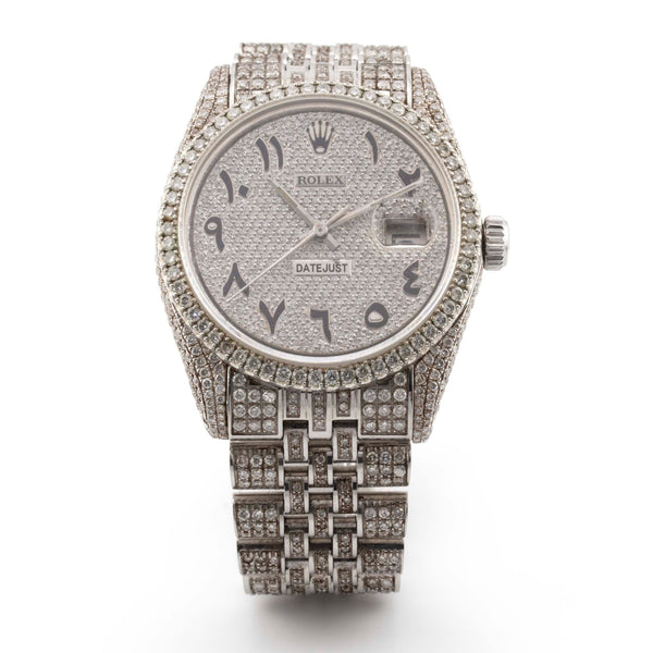 Rolex 36mm Datejust All White Fully Iced Out Jubliee Band Single Row Diamond Bezel Arabic Full Diamond Dial - Elite Jewelers - Luxury Watch