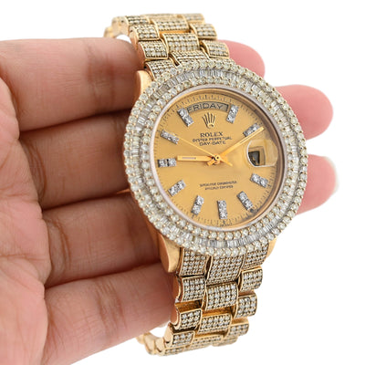 Rolex 36MM Presidential Day - Date 15CT Natural Diamond 3 Row Bezel 18K Gold Bussdown Watch - Elite Jewelers - Luxury Watch