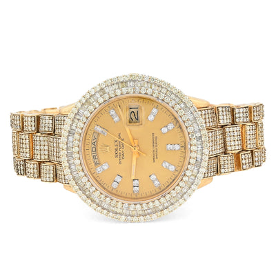 Rolex 36MM Presidential Day - Date 15CT Natural Diamond 3 Row Bezel 18K Gold Bussdown Watch - Elite Jewelers - Luxury Watch