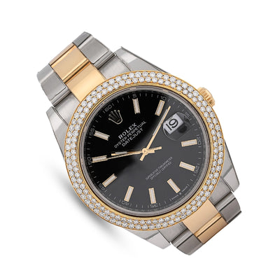 Rolex 41MM Datejust Two - Tone Oyster 3CT 2 Row Diamond Bezel Black Face 126303 Watch - Elite Jewelers - Luxury Watch