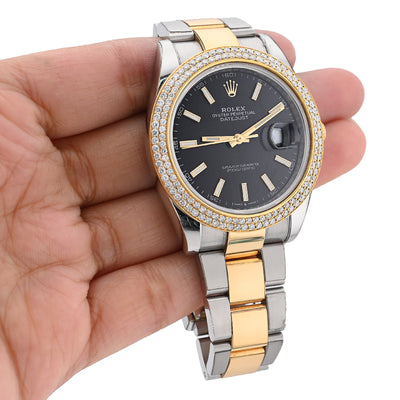 Rolex 41MM Datejust Two - Tone Oyster 3CT 2 Row Diamond Bezel Black Face 126303 Watch - Elite Jewelers - Luxury Watch