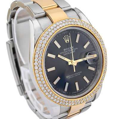 Rolex 41MM Datejust Two - Tone Oyster 3CT 2 Row Diamond Bezel Black Face 126303 Watch - Elite Jewelers - Luxury Watch