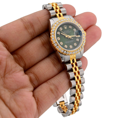Rolex Datejust 26MM 1.5CT Green Face Natural Diamond Dial/Bezel Two Tone Jubilee Women Watch - Elite Jewelers - Luxury Watch